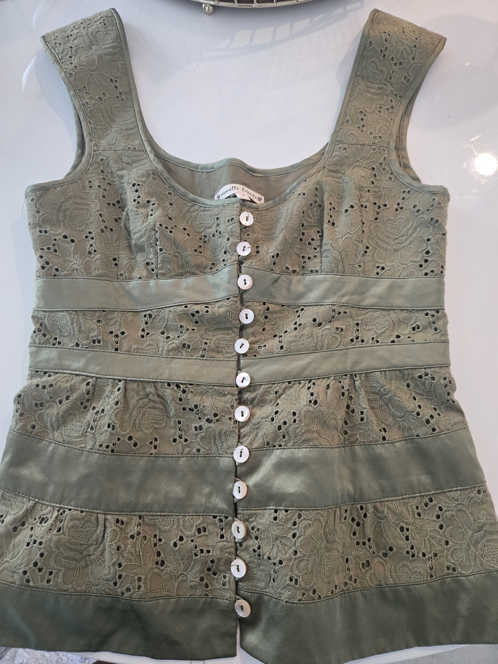 Nanette Lepore Olive Green Eyelet Embroidered Shell